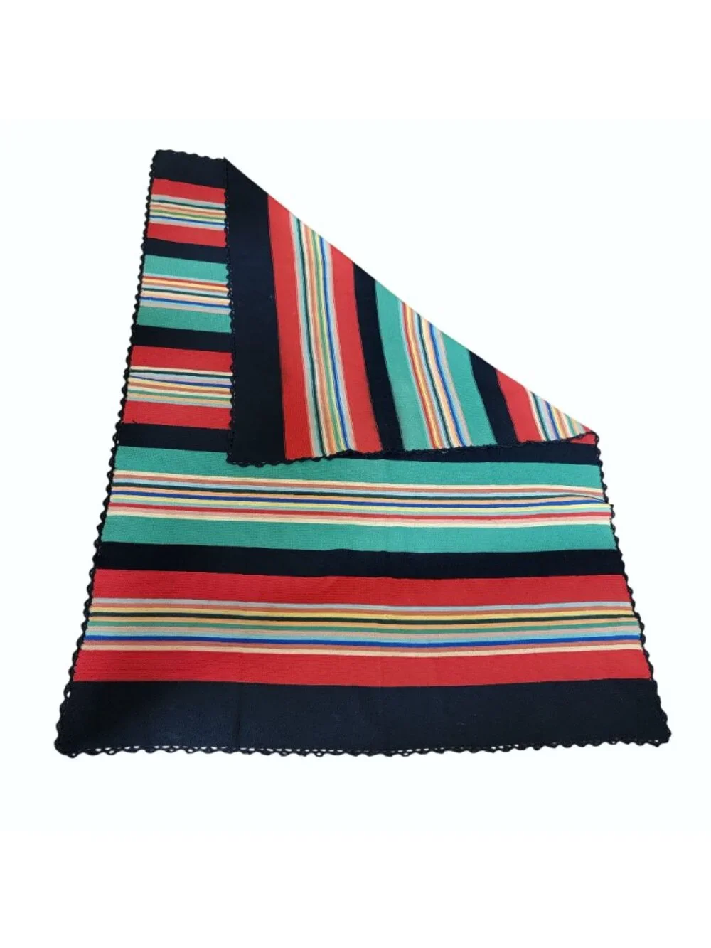 Vintage Mexican Woven Serape Blanket Multicolor Striped With Black Crochet Trim